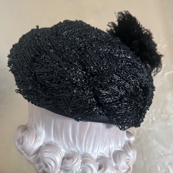 WINSOME 1950s\' BLACK STRAW & LACE HAT WITH BLACK OSTRICH FEATHERS main image 8